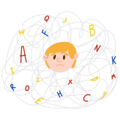 Upset light-skinned child with invisible disease dyslexia. Concept of dyslexic boy in the chaos of letters in cartoon style.